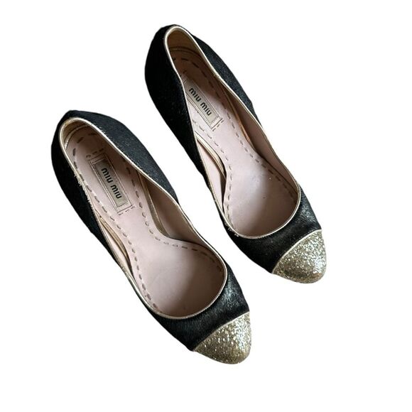 Miu Miu Black/Gold Calf Hair And Coarse Glitter Cap-Toe Block Heel Pumps Size 40 - Picture 6 of 14